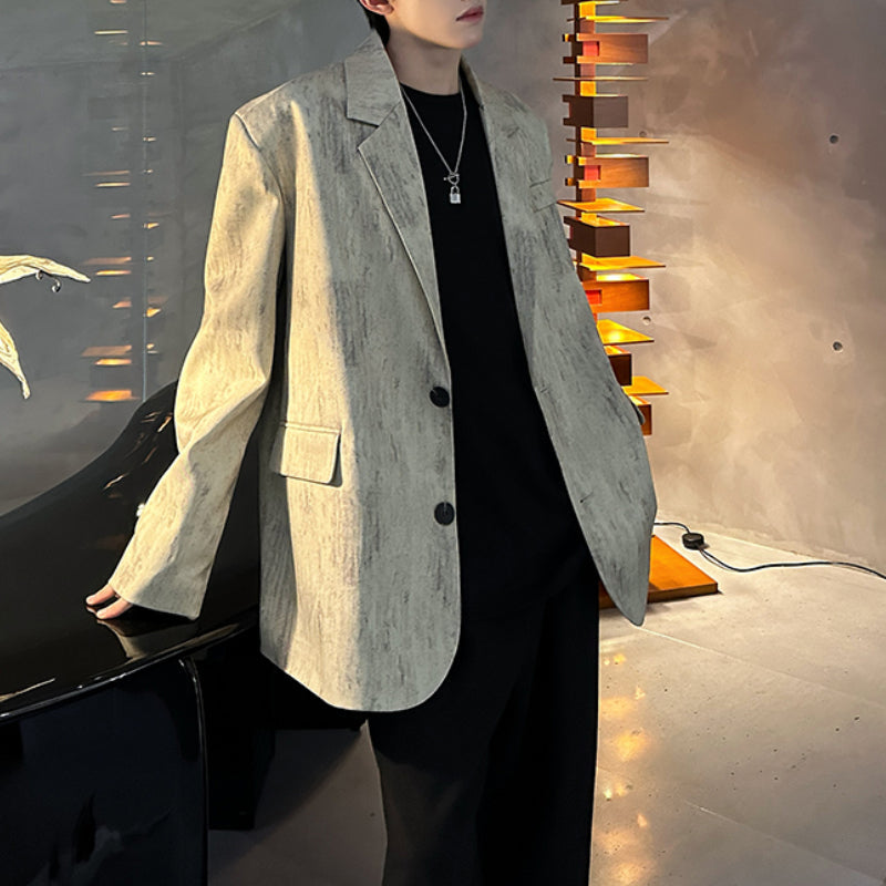 Distressed Textured Shoulder-padded Suit Jacket