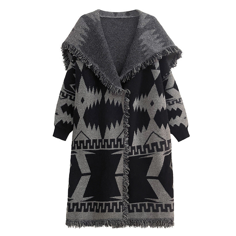 Winter Tassel Printed Knitted Cardigan Coat