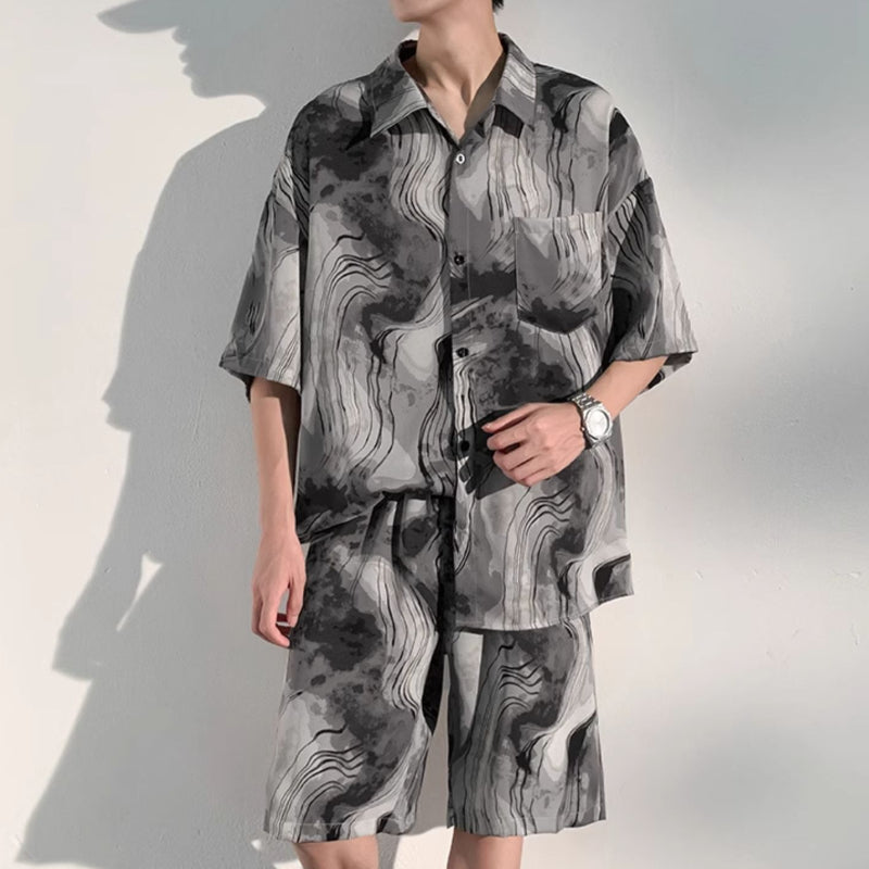Summer Thin Ice Silk Drape Casual Shirt Loose Shorts Two-piece Set