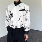 Cross-neck Lace-up Bamboo Print Long-sleeved Shirt