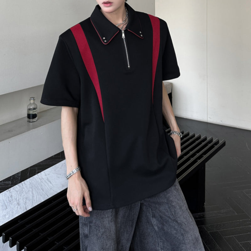 Padded Shoulder Contrast Color Stitching POLO Shirt
