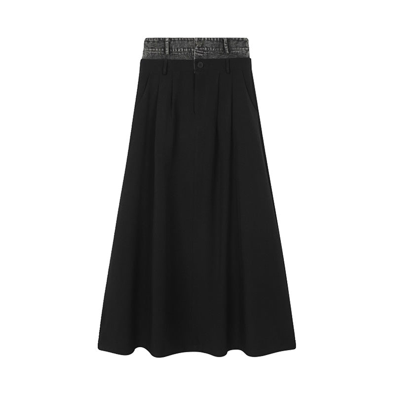 Denim Patchwork A-line Pleated Long Skirt