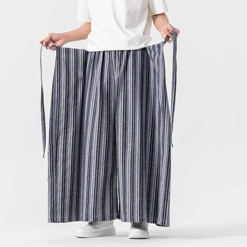 Vintage Striped Linen Thin Loose Wide Leg Culottes
