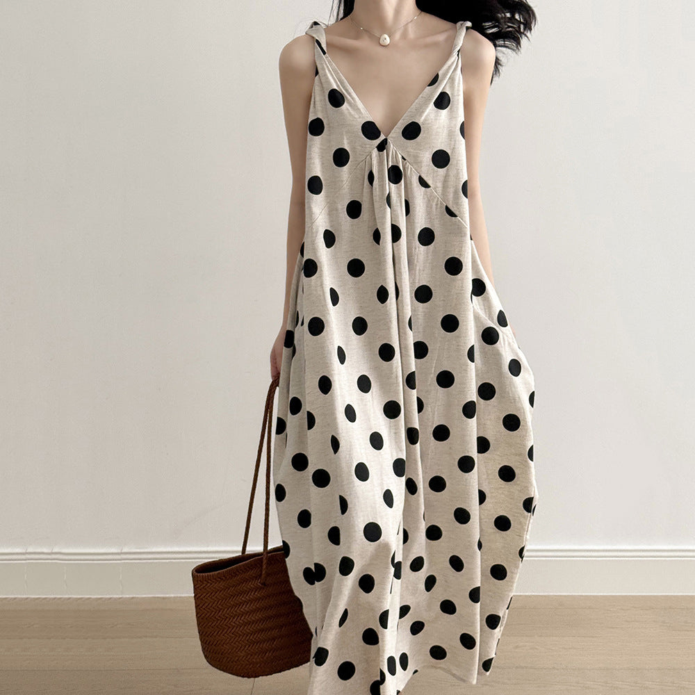 French V-neck Polka Dot Sleeveless Vest Dress