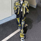 Contrast Color Denim Jacket Casual Wide Leg Trousers Suits