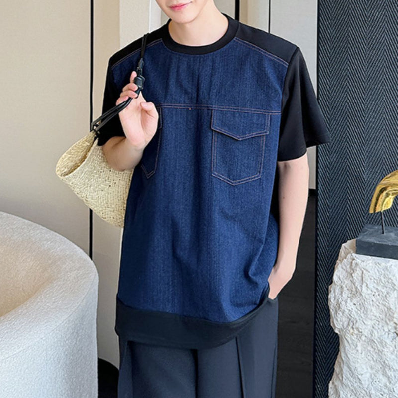 Vintage Denim Patchwork Short-sleeved T-shirt