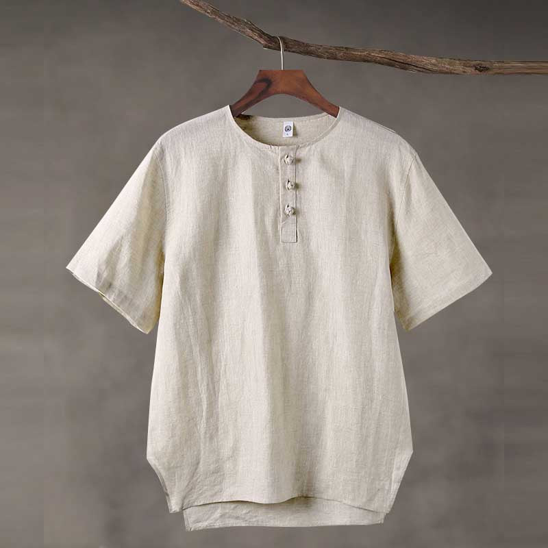 Linen Vintage Round Neck Button Down T-shirt
