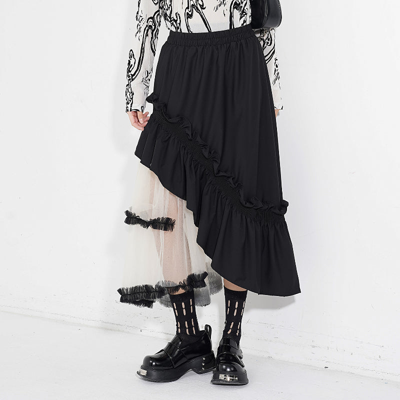 Contrast Color Panel Ruffled Mesh Skirt