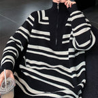 Stand Collar Half Zip Striped Sweater