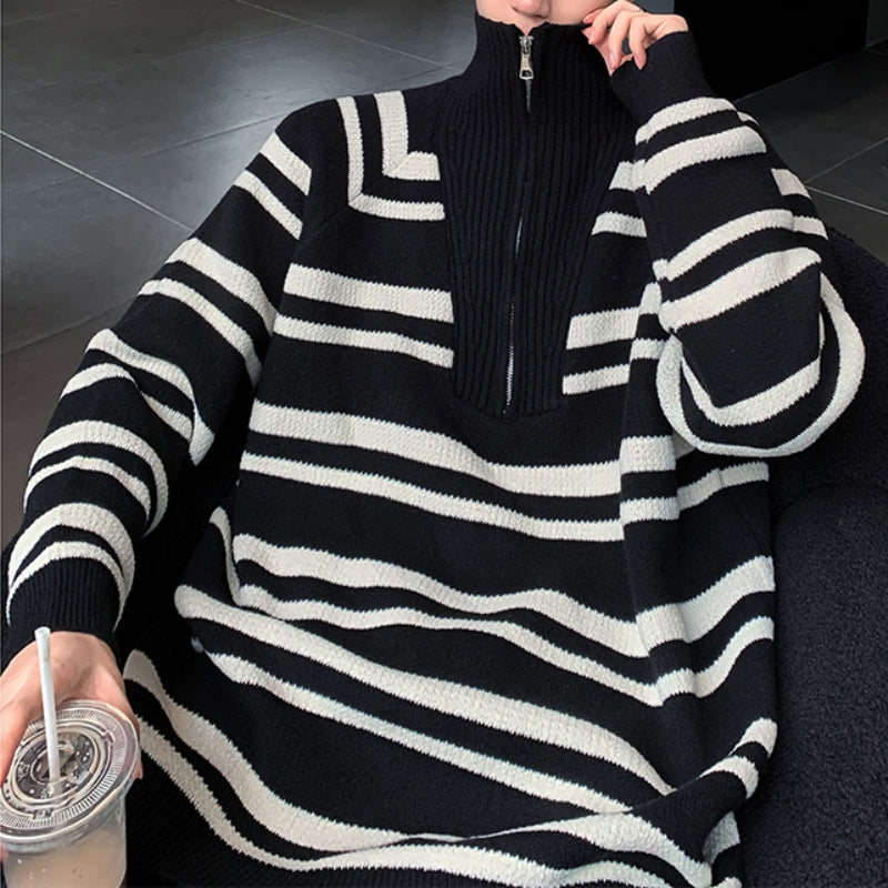 Stand Collar Half Zip Striped Sweater
