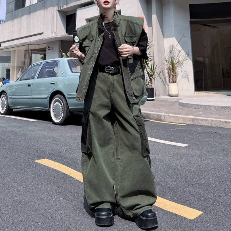 Japanese Retro Stand Collar Vest Wide Leg Loose Trousers Two-piece Set