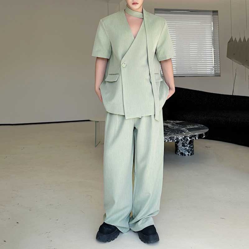 Collarless Ribbon Shoulder Pad Short Sleeve Suit Wide Leg Pants Two Piece Suit