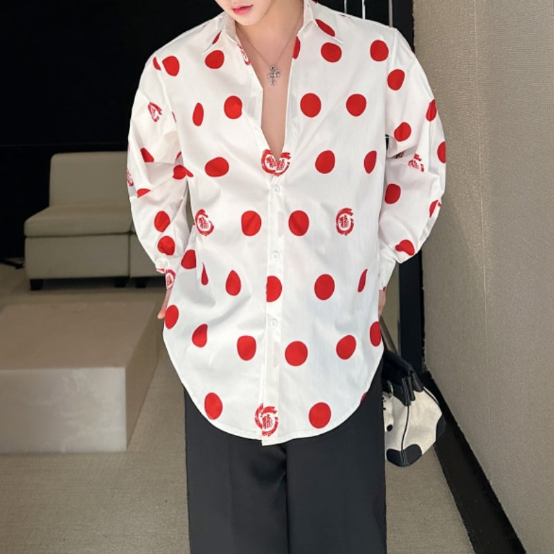 Polka Dot Print Draped Peak Collar Shirt