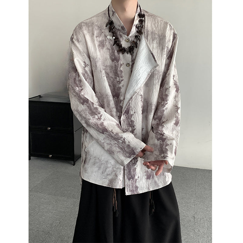 Retro Jacquard Stitching Stand Collar Ink Print Shirt