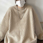 Wavy Crew Neck Solid Color Knit Sweater
