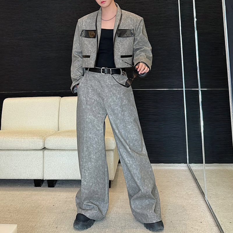 Contrast Color Patchwork Leather Short Suit Jacket Casual Wide Leg Pants Two-piece Suit