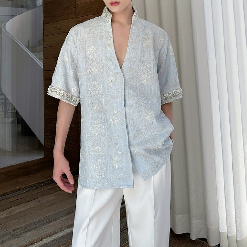 Stand Collar Embroidered Rhinestone V-neck Shirt