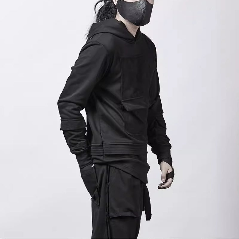 Dark Loose Hooded Pullover Sweatshirt