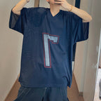Retro Loose Sports Mesh Hollow Print T-shirt