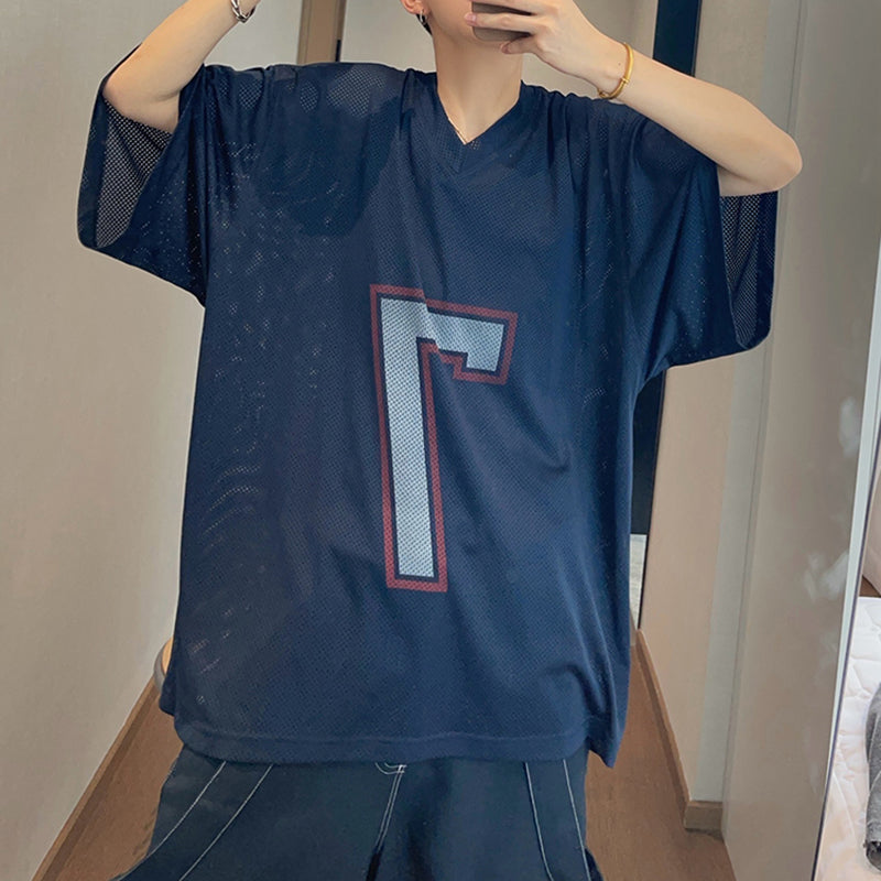 Retro Loose Sports Mesh Hollow Print T-shirt