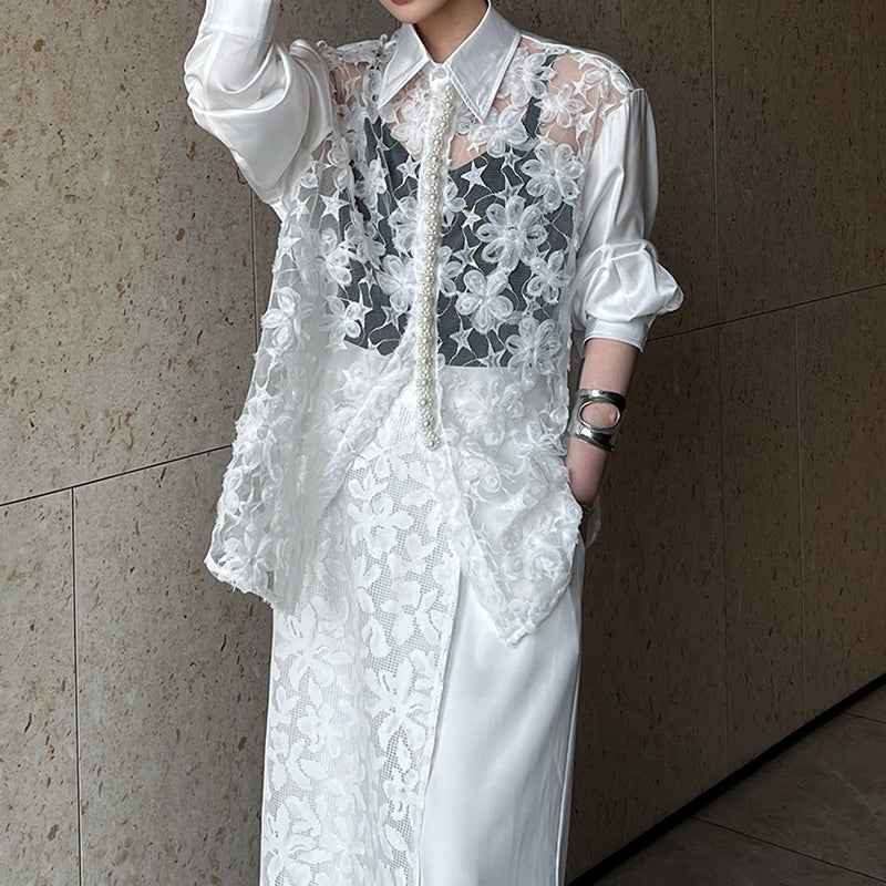 Hollow 3D Floral Stitching Pearl Shirt