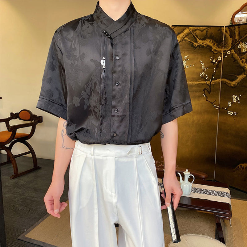 Summer Vintage Satin Jacquard Tassel Shirt