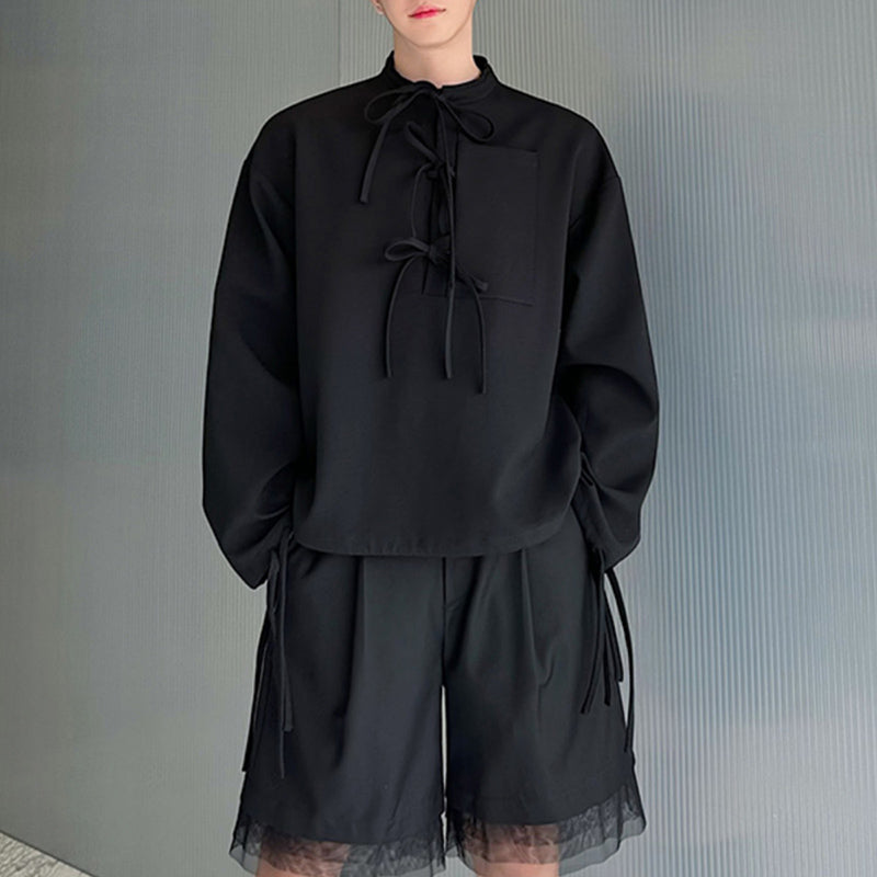 Multi-ribbon Loose Sweatshirt Detachable Mesh Shorts