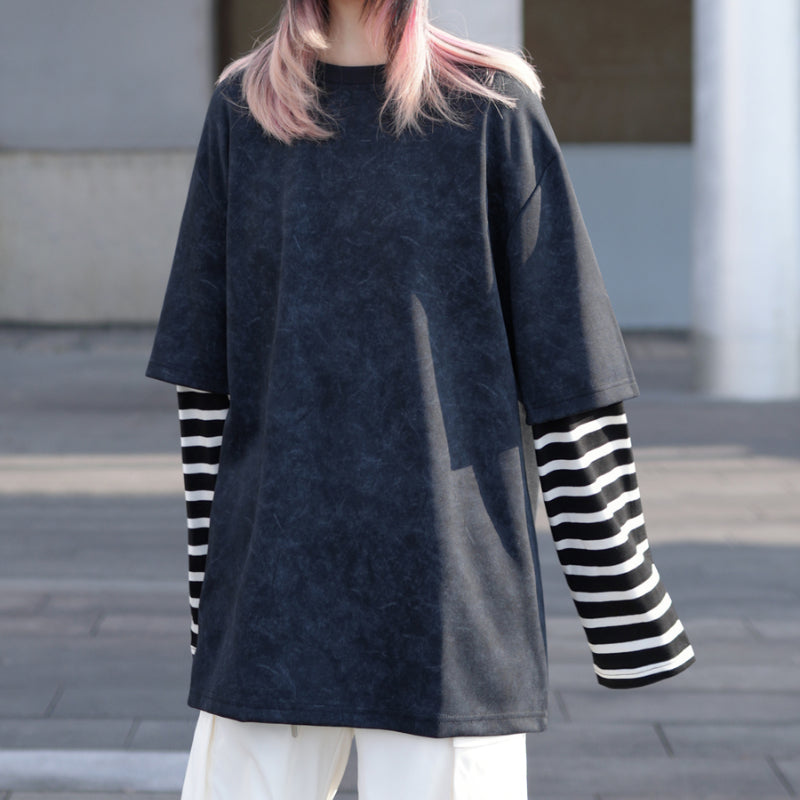 Washed Distressed Striped Patchwork Fake Two-piece T-shirt