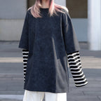 Washed Distressed Striped Patchwork Fake Two-piece T-shirt