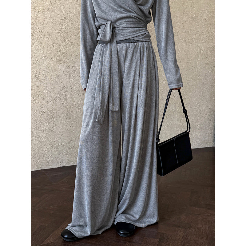 Irregular One-shoulder Waisted Pleated Top Wide-leg Pants Two-piece Set