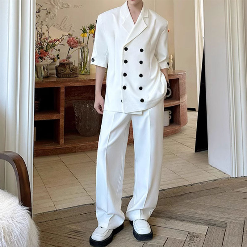 Double-breasted Three-quarter Sleeve Straight-leg Trousers Two-piece Suit