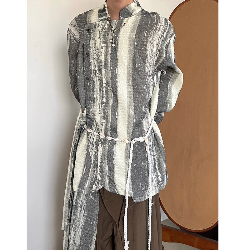 Vintage Tie-dye Ribbon Stand Collar Pleated Shirt