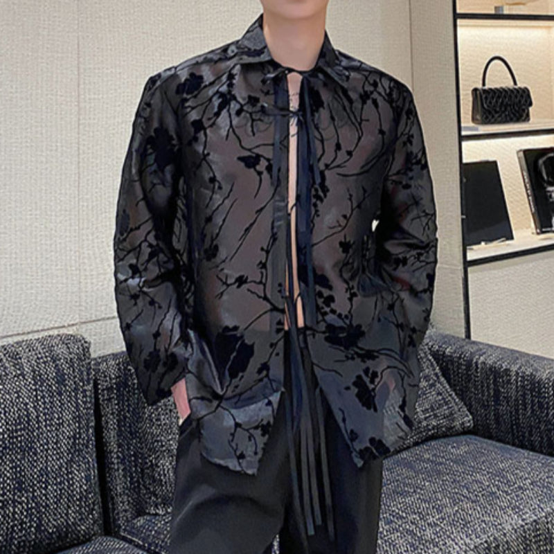 Ribbon Tie Jacquard See-through Shirt