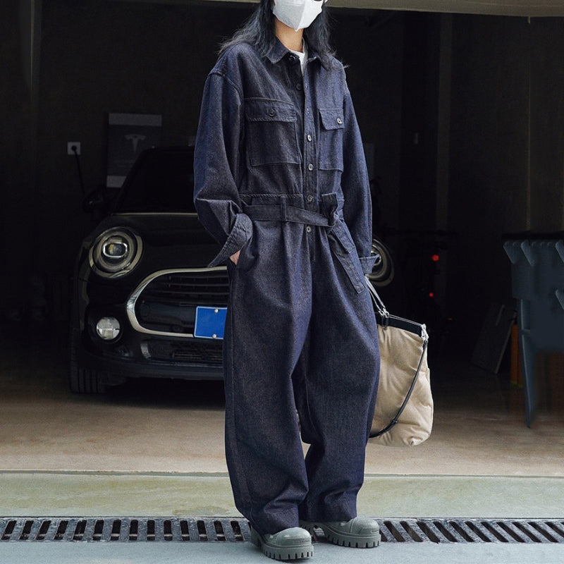 Denim Workwear Loose Lace-up Jumpsuit