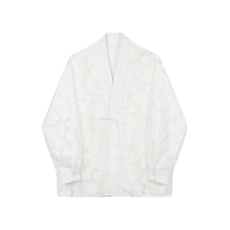 Casual Hollow Jacquard Disc Button Retro Long-sleeved Shirt