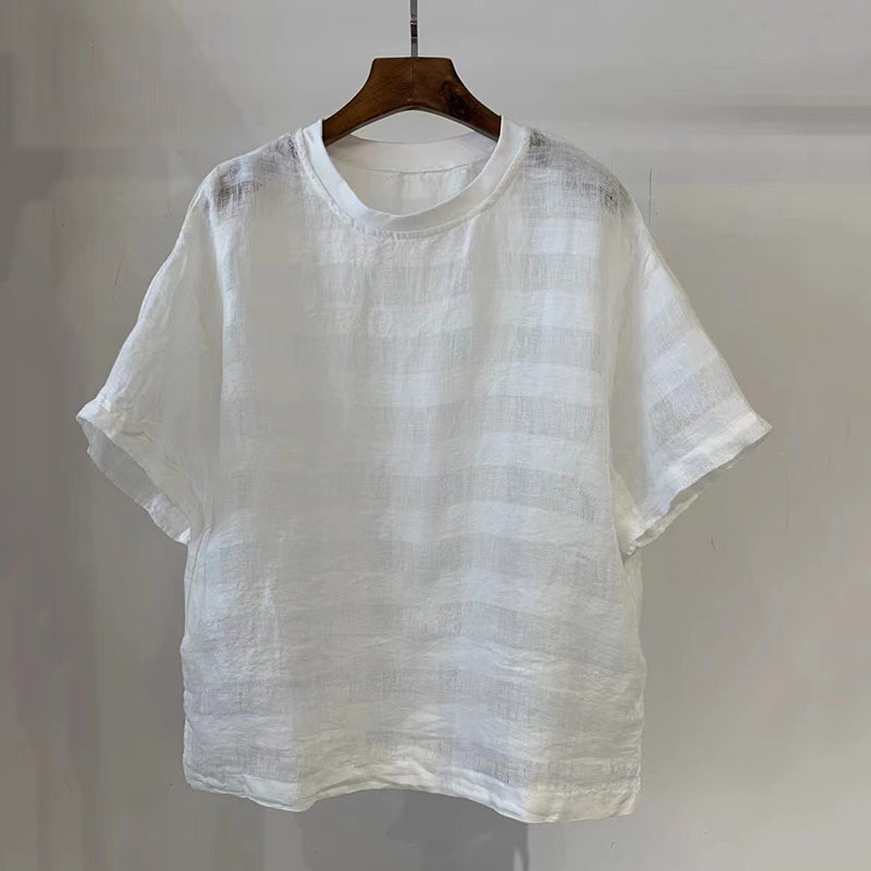 Japanese Striped Linen Loose Round Neck T-shirt