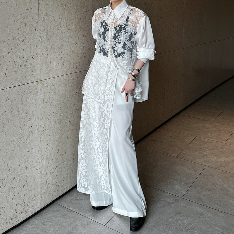 Hollow 3D Floral Stitching Pearl Shirt