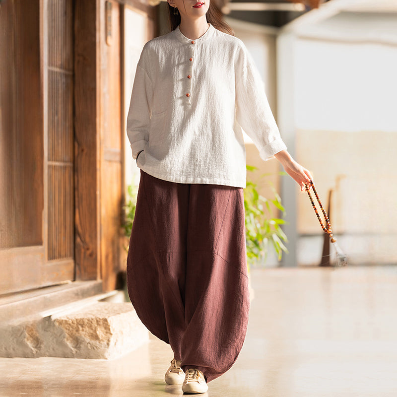 Linen Stand Collar Colorblock Buttoned Pullover Shirt