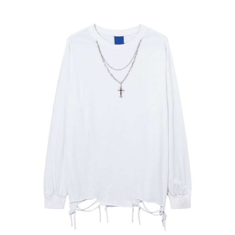 Distressed Washed Hem Hand Cut Holes Loose T-shirt