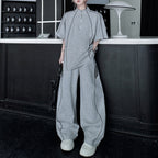 American Style Stand-up Collar Contrast Color T-shirt Zipper Wide-leg Trousers Two-piece Suit