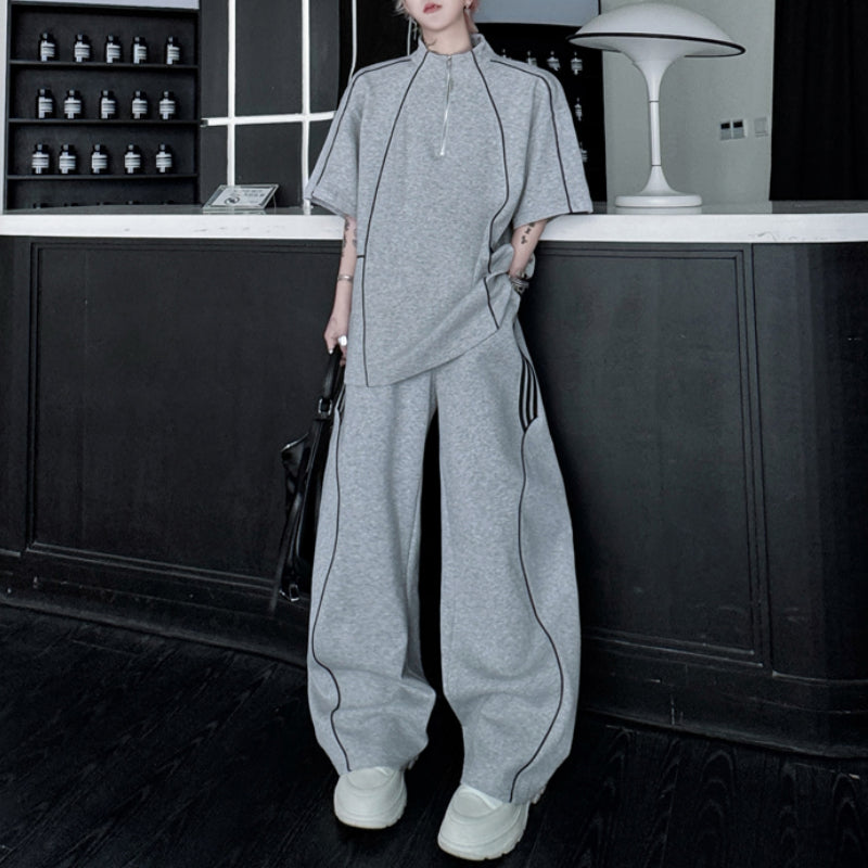 American Style Stand-up Collar Contrast Color T-shirt Zipper Wide-leg Trousers Two-piece Suit