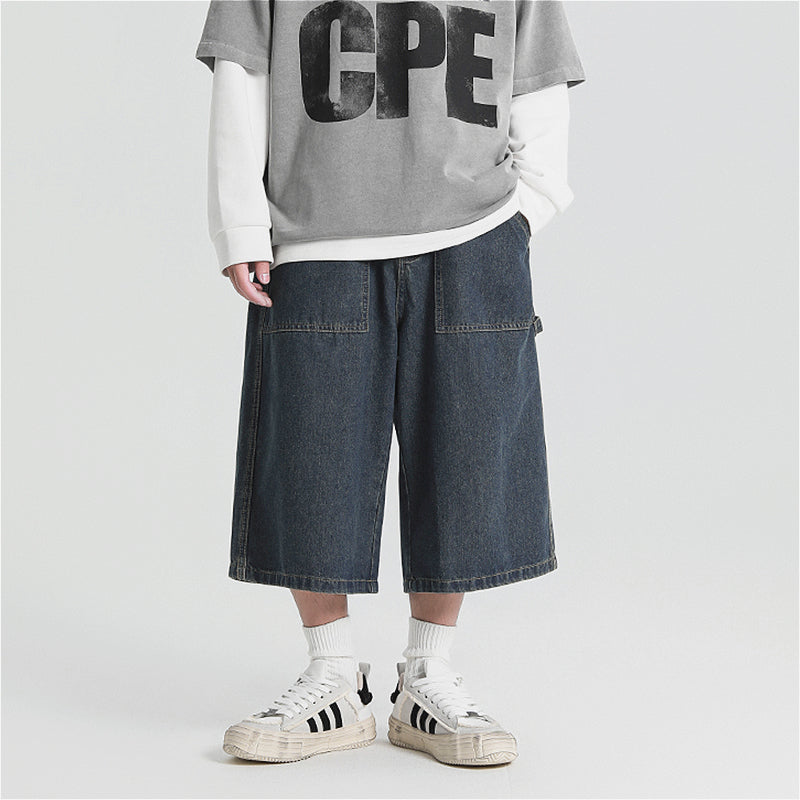 American Denim Cropped Loose Wide-leg Shorts