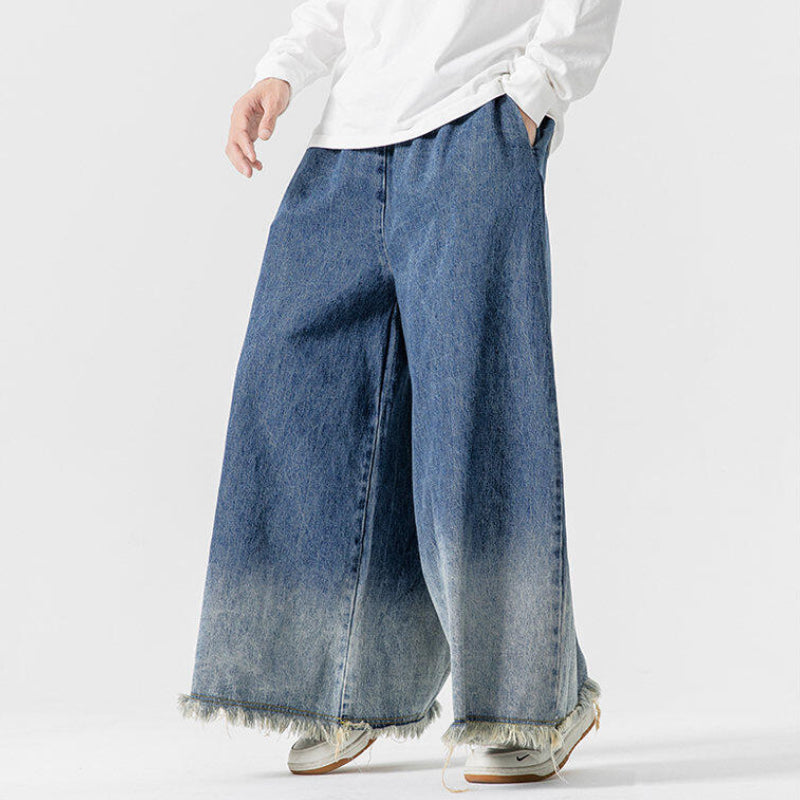 Japanese Retro Denim Gradient Color Raw Edge Wide Leg Pants