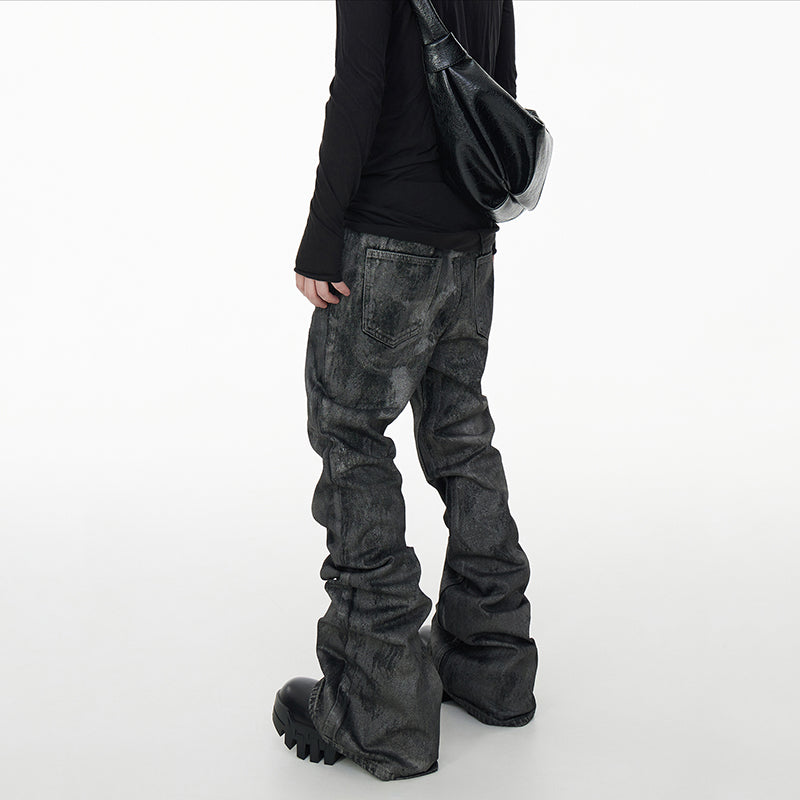 Glitter-coated Slim-fit Stacked Denim Flared Pants