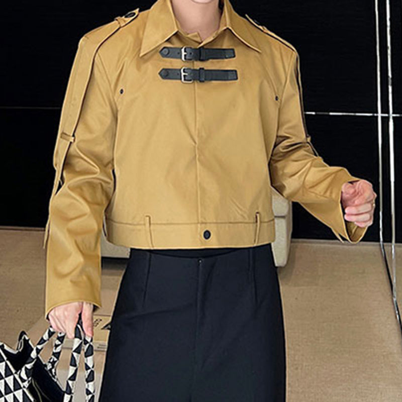 Metal Leather Buttoned Lapel Collar Short Jacket