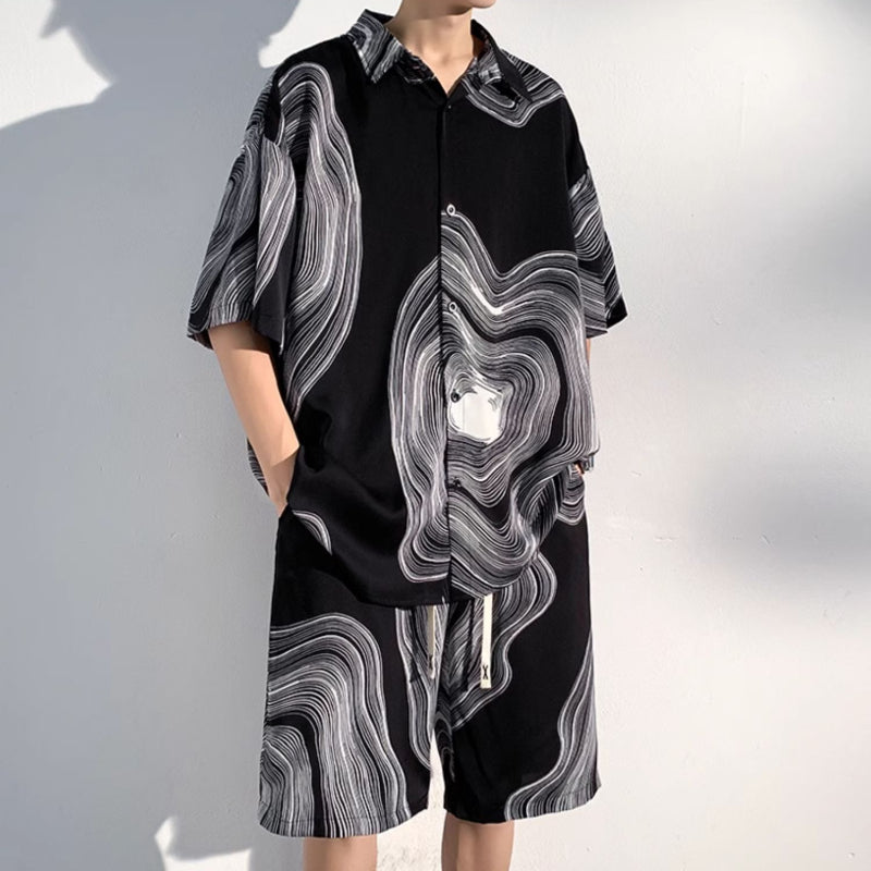 Summer Thin Ice Silk Drape Casual Shirt Loose Shorts Two-piece Set