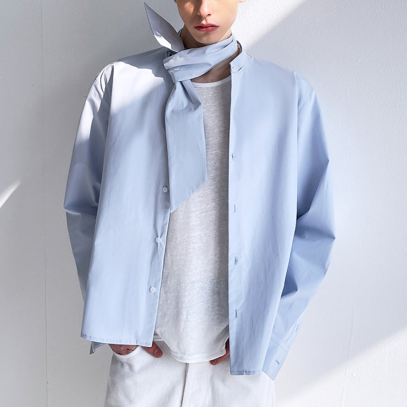 Stand Collar with Tie Long Sleeve Slim Fit Shirt