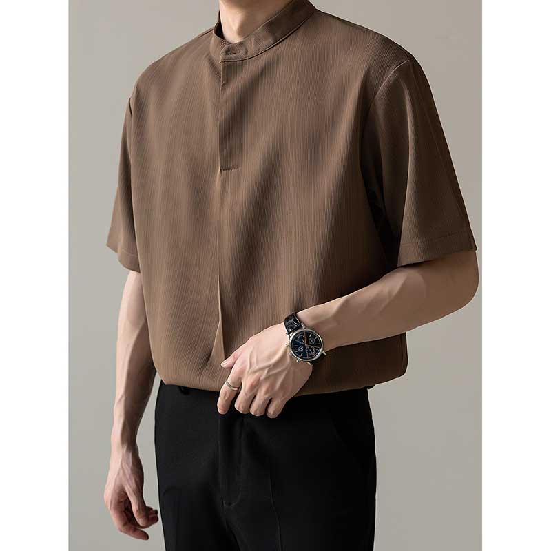 Loose Stand Collar Ice Silk Texture Casual Shirt