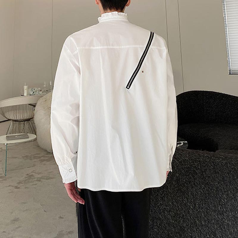 Ruffles Stand Collar Zipper Cutout Off Shoulder Shirt