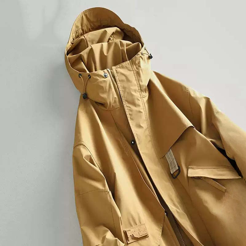 Retro Mid-length Hooded Casual Windbreaker Jacket